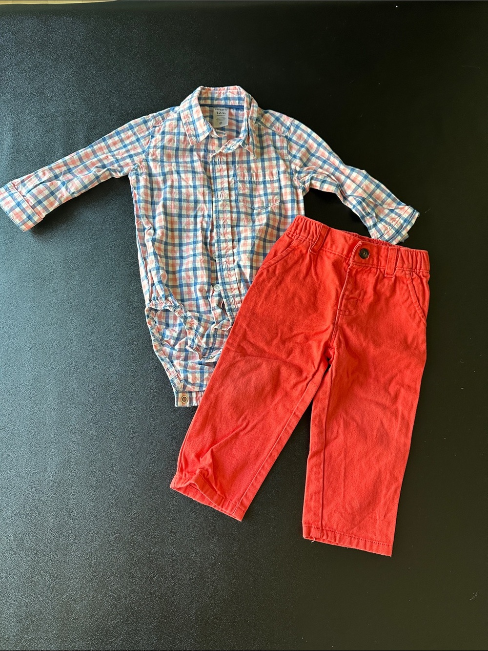 Carter's Blue, Red and White Plaid Button-Down Bodysuit with Red Pants